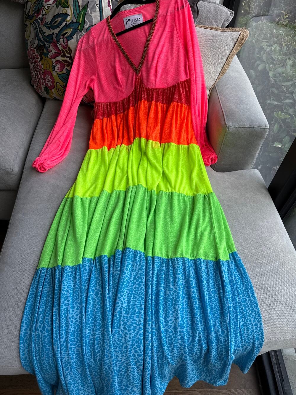 Pitusa Gorgeous Neon Tiered Maxi Dress Ribbon Trim Approx Petite L